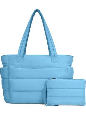 Women's Light Blue Travel lightweight Puffy Tote Handbag Quilted Shoulder Bag